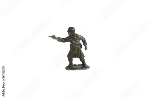 Toy soldiers isolated on white background. Old vintage toy soldiers