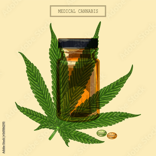 Medical cannabis marijuana nine-pointed leaf and vial and pills, hand drawn illustration in a retro style