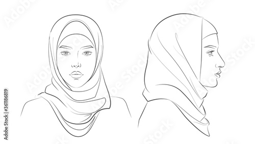 Middle Eastern arabian woman. Vector line sketch illustration.