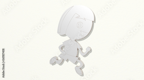 GIRL RUNNING made by 3D illustration of a shiny metallic sculpture on a wall with light background. beautiful and woman