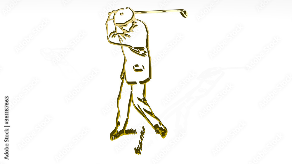 man playing golf from a perspective on the wall. A thick sculpture made of metallic materials of 3D rendering. child and girl man playing golf from a perspective on the wall. A thick sculpture made of metallic materials of 3D rendering. child and girl