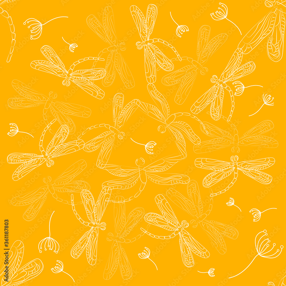 Vector seamless pattern with white dragonflies on a yellow background.