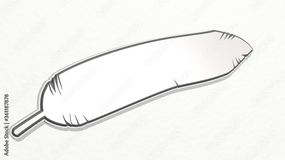 QUILL on the wall. 3D illustration of metallic sculpture over a white background with mild texture. feather and pen QUILL on the wall. 3D illustration of metallic sculpture over a white background with mild texture. feather and pen