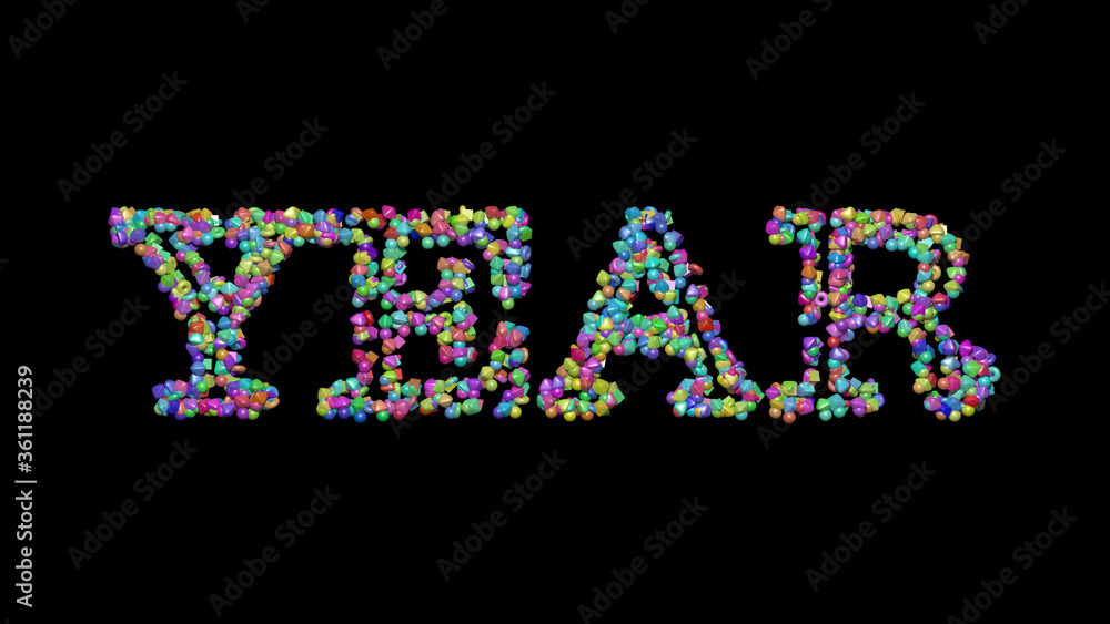 YEAR: 3D illustration of the text made of small objects over a black background with shadows