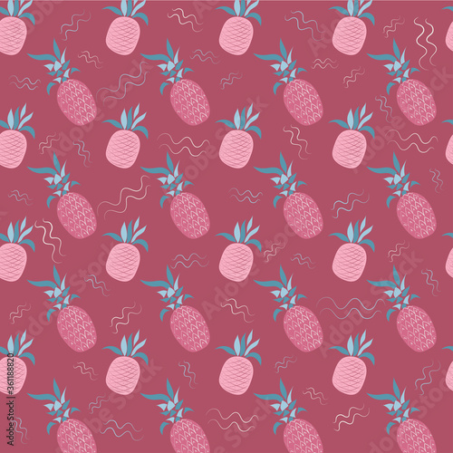 Vector seamless pattern with pink pineapples on a bright.