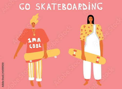 Vector illustration of women with skateboard. Cool cartoon charcaters in modern clothes. photo