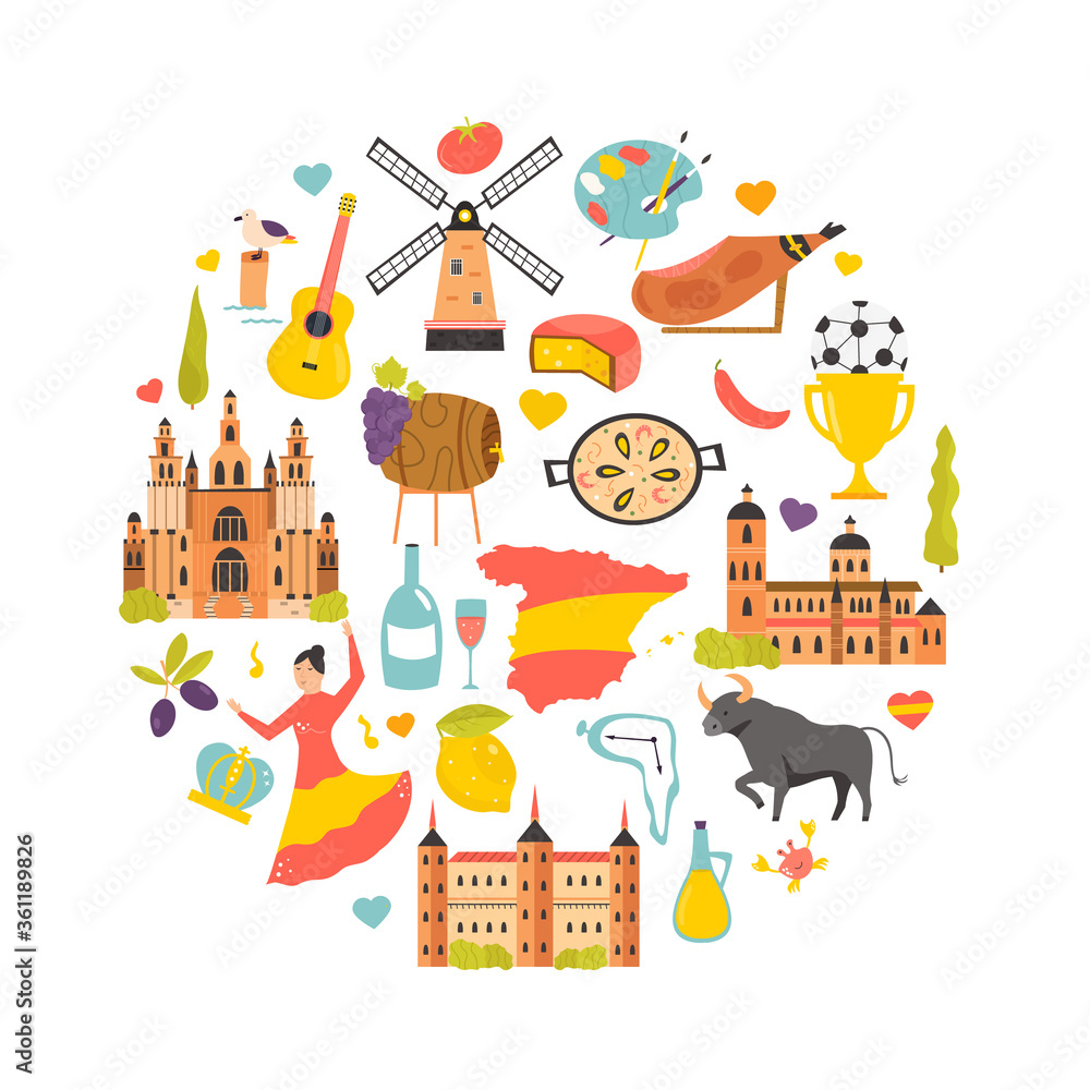 Tourist poster with famous destinations and landmarks of Spain. Explore Spain concept image. Tourist poster with famous destinations and landmarks of Spain. Explore Spain concept image.