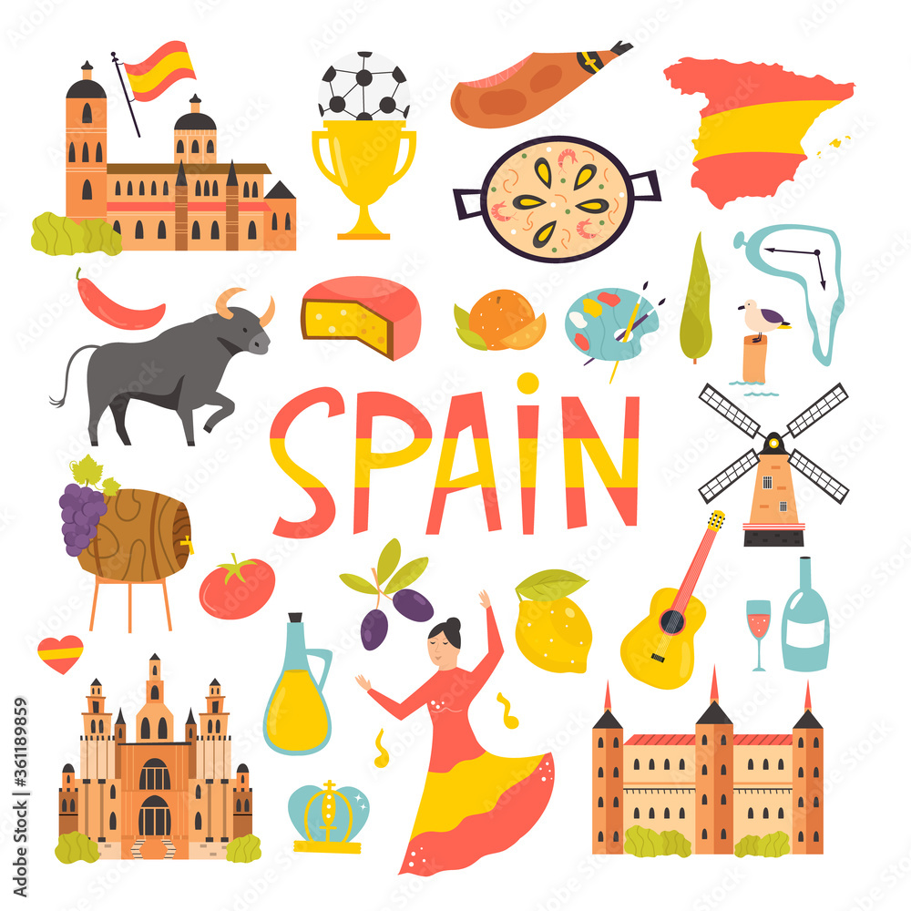 Set of icons, famous symbols of Spain. Big bundle of vector designs.