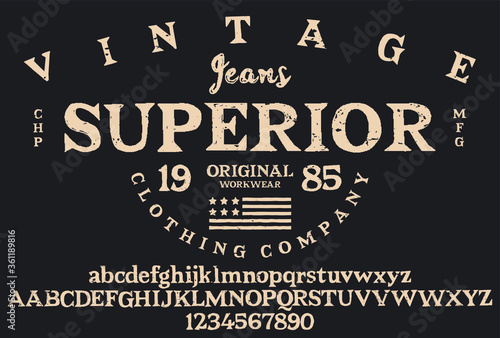 Handwritten calligraphic alphabet for t-shirt or apparel. Vintage brush script lettering font.Textured unique brush in alphabet style.Old school vector graphic for fashion and printing.