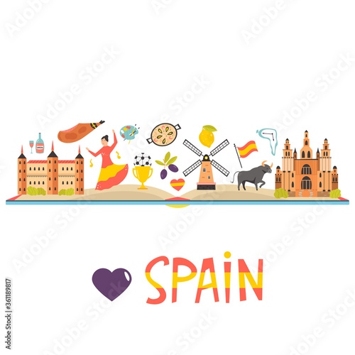 Tourist poster with famous destinations and landmarks of Spain. Explore Spain concept image.