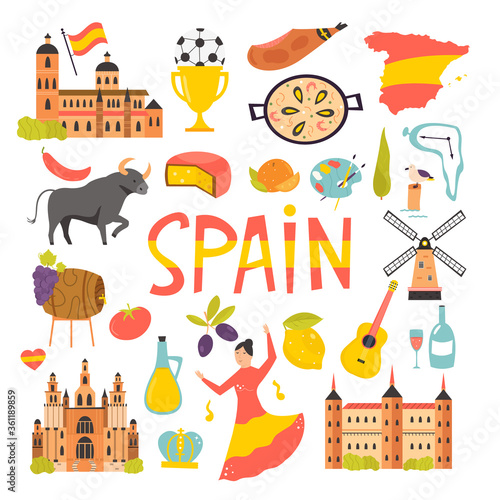 Set of icons, famous symbols of Spain. Big bundle of vector designs.