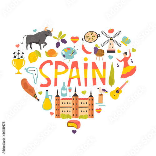 Tourist poster with famous destinations and landmarks of Spain. Explore Spain concept image.