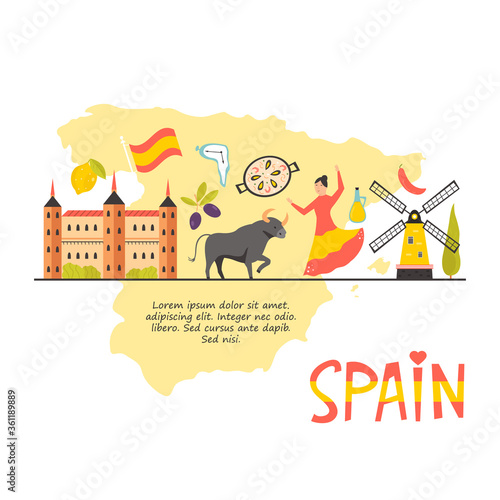 Tourist poster with famous destinations and landmarks of Spain. Explore Spain concept image.
