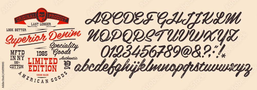 Handwritten calligraphic alphabet for t-shirt or apparel. Vintage brush script lettering font.Textured unique brush in alphabet style.Old school vector graphic for fashion and printing.