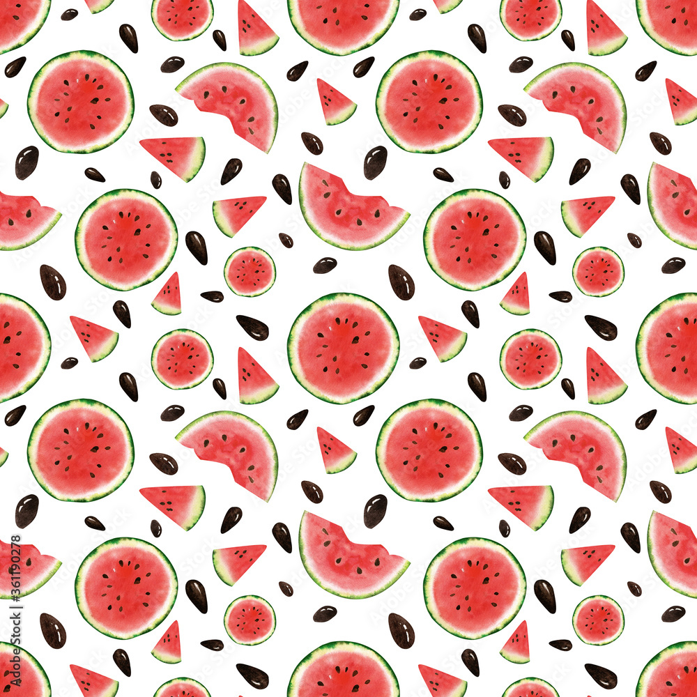 Seamless pattern sliced ripe red watermelon on white background with seeds drawn by hand in watercolor. . Seamless summer fruit background.3 August International watermelon day.
Seamless pattern sliced ripe red watermelon on white background with seeds drawn by hand in watercolor. . Seamless summer fruit background.3 August International watermelon day.