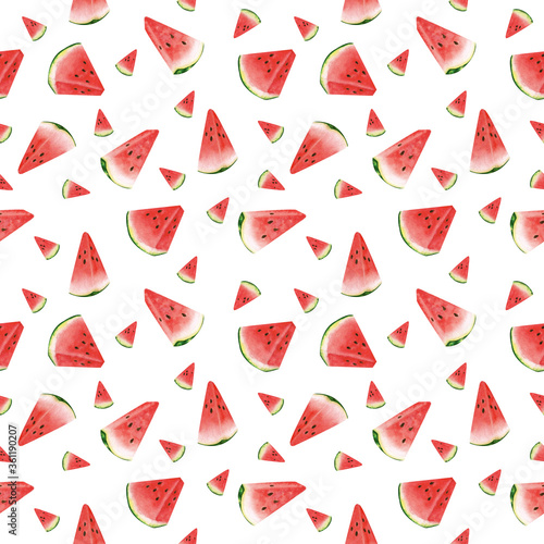  Seamless watercolor pattern sliced ripe red watermelon on white background. Seamless summer fruit background.3 August International watermelon day. 