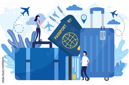 Flat vector illustration of travel prepare, baggage, suitcase, passport, flight ticket. Concept of planning vacation, travel, summer holiday, tourism, flight booking.v