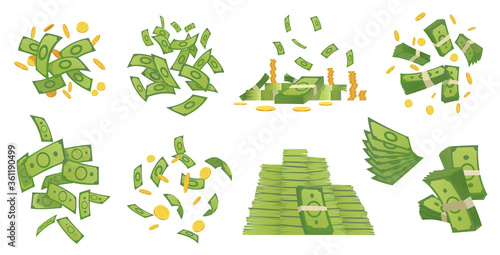 Cartoon money collection. Green banknote and gold coins cartoon vector illustration. Flying and rolls bills, stacks of coins. Dollar rain