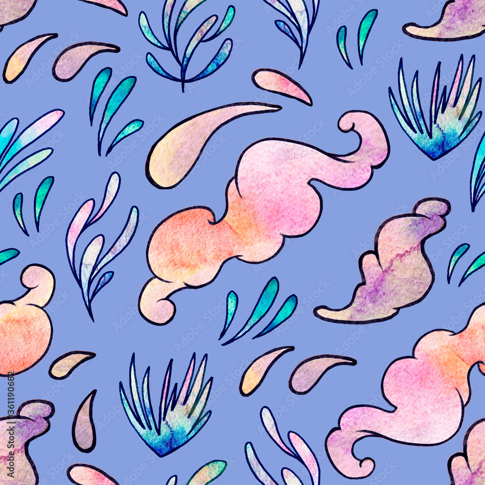 Naklejka premium Seamless watercolor pattern. Plants, clouds on a blue background. Ideal for kids room