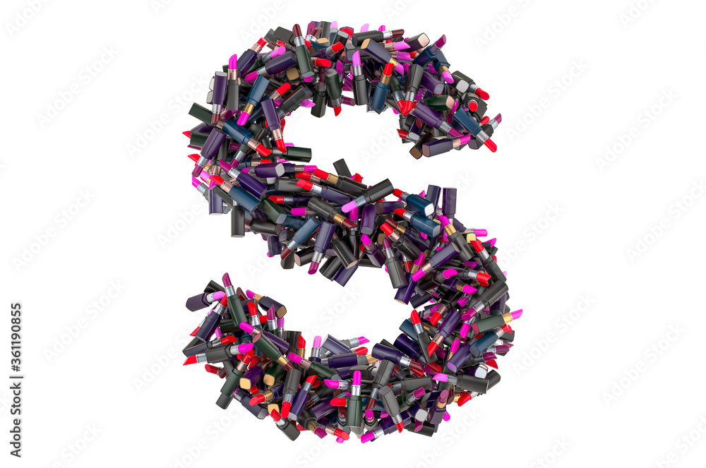 Letter S from colored lipsticks, 3D rendering Letter S from colored lipsticks, 3D rendering