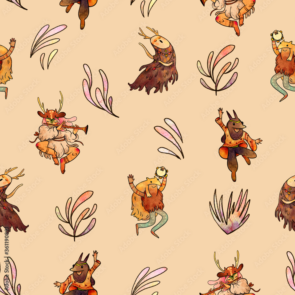Seamless watercolor pattern. Shamanic dancing characters with plants on a gently beige background