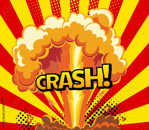 Cartoon explosion effect with smoke. Colorful funny banner in comics book and pop art style. Comic book explosion bang on sunbeam striped background