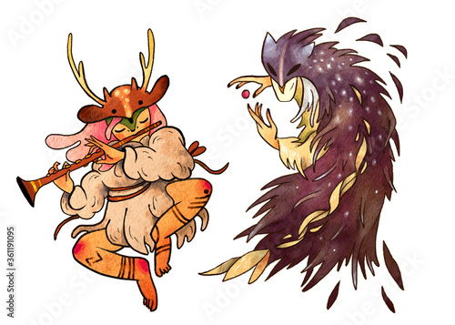 Watercolor illustration. Two shamanic characters. Ideal for kids poster, print, card.