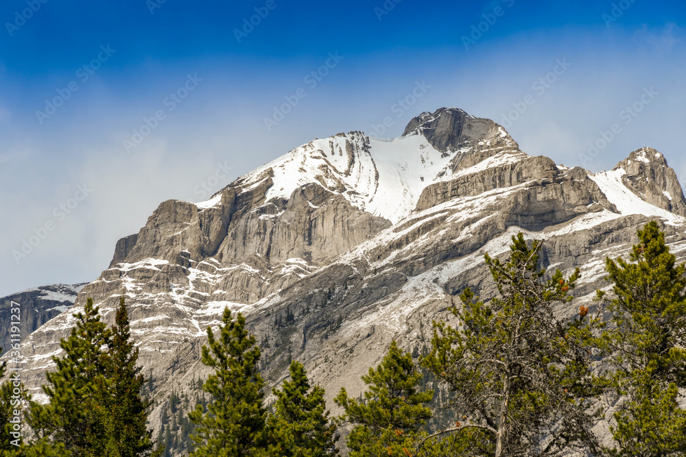 Scenic view of snow capped mountain peaks against a blue sky, with evergreen trees in the foreground.