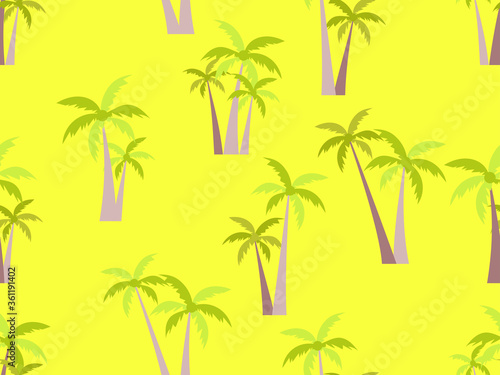Palm trees seamless pattern on yellow background. Tropical jungle, exotic background for advertising, postcards, poster and banner. Vector illustration