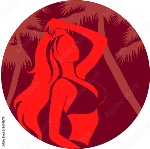 Vector illustration of girl on beach under palmtrees