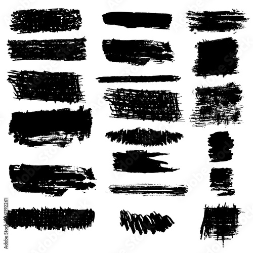 Set of vector brush strokes and banners. Hand-drawn ink strips, prints, textures. Isolated on white background. Black dirty texture. Design elements