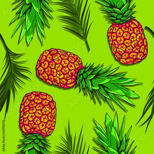 Seamless ananas pineapple pattern with palm leaves on green background. Bright trendy food ornament. Ready for print on textile summer design.