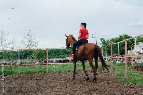 A young and pretty girl is learning to ride a thoroughbred Mare on a summer day at the ranch. Horse riding, training and rehabilitation © Andrii