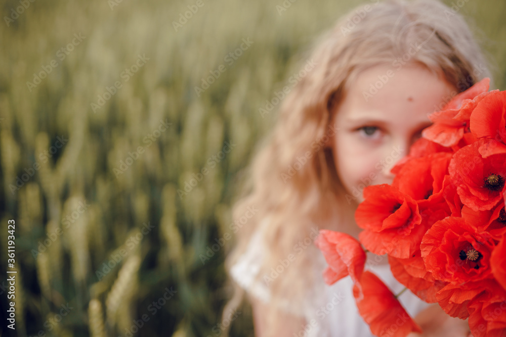 Fototapeta premium beautiful little girl with blond hair in a white dress in the background of a beautiful field. Girl with a bouquet of red poppies