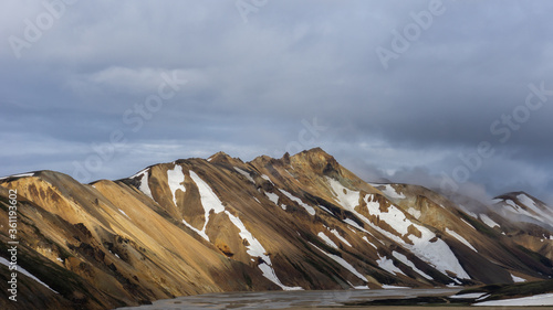 Mountainous landscape in the Landmannalaugar area, deep within the incredible central highlands of Iceland. The mountains are extremely colorful due to volcanic activity of the Torfajökull volcano.