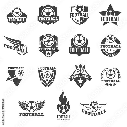 Collection logo, badge or label for football sport. Design templates emblem for soccer match, tournament, championship. Minimalistic vector illustration.