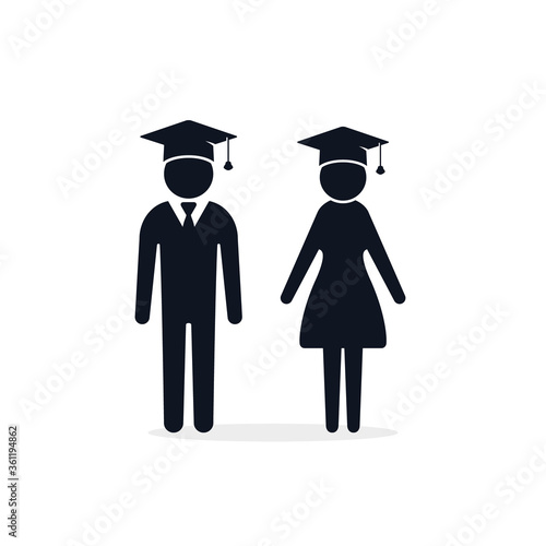 Graduate girl and boy in square cap or hat vector icon. Female and male in mortar hat and graduation academic gown