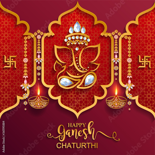 Festival of Ganesh Chaturthi with golden shiny Lord Ganesha patterned and crystals on paper color Background.