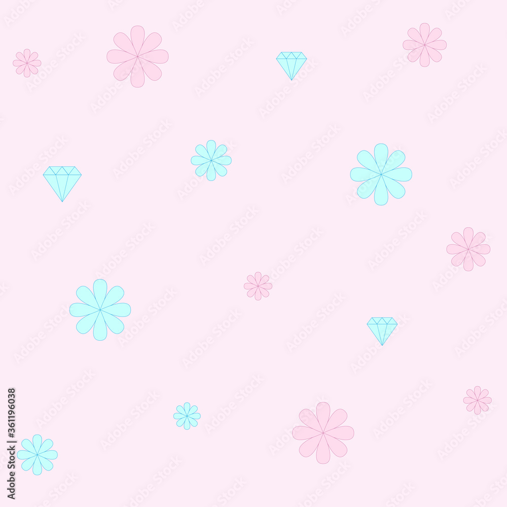 Seamless vector pattern with small flowers on pink background. Repeat pattern with small diamonds. Jewelry with flowers vector pattern. Pink and blue colors. Daisy, gerbera, gems for wallpaper, wrap Seamless vector pattern with small flowers on pink background. Repeat pattern with small diamonds. Jewelry with flowers vector pattern. Pink and blue colors. Daisy, gerbera, gems for wallpaper, wrap