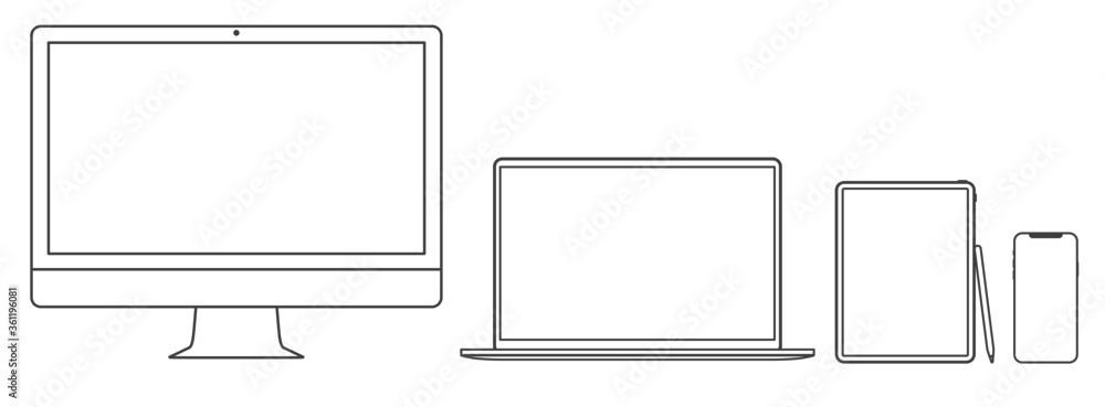 Thin line set of 2020 new design thin frame Computer monitor, laptop, tablet, smart phone - Eps 10 Vector template mock up. Thin line set of 2020 new design thin frame Computer monitor, laptop, tablet, smart phone - Eps 10 Vector template mock up.