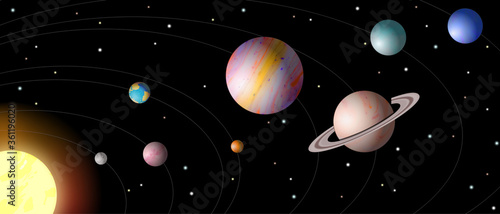 Full parade of planets concept. Astronomical phenomenon. The solar system in the starry sky. 