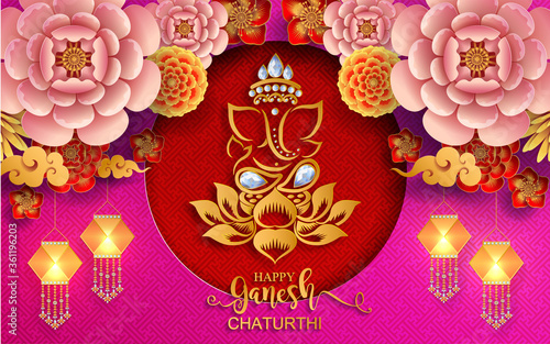 Festival of Ganesh Chaturthi with golden shiny Lord Ganesha patterned and crystals on paper color Background.