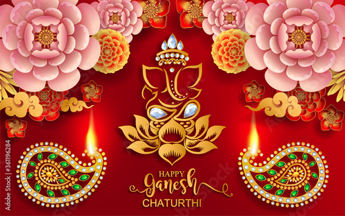 Festival of Ganesh Chaturthi with golden shiny Lord Ganesha patterned and crystals on paper color Background.