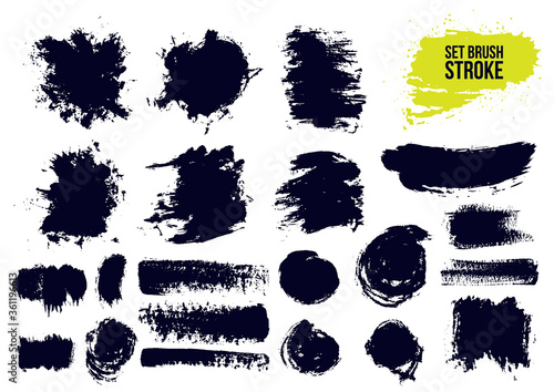 Set of brush strokes text boxes. Paintbrush grunge design elements. Dirty artistic design elements, boxes, frames. Ink splatters. Painted objects. Vector illustration. Isolated on white background
