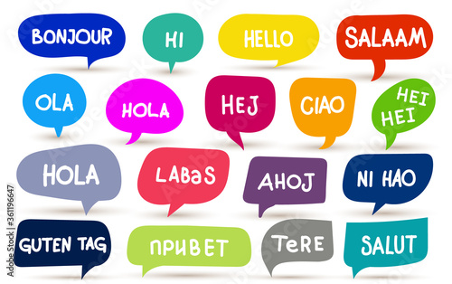 Set of different languages. Hello, hola, hi, guten tag, ni hao, salaam, salut, bonjour. Translation concept. Hand drawn colored icon. Vector illustration. Isolated on white background.
