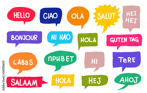 Set of different languages. Hola, hello, hi, guten tag, ni hao, salaam, salut, bonjour. Translation concept. Hand drawn colored icon. Vector illustration. Isolated on white background.