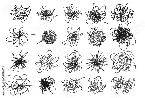Set of Hand drawing random chaotic lines. Insane tangled scribble clew. Black design abstract scrawl scribbles, chaos doodles. Tangled shapes clutter pencilling flat icon isolated on white background. photo