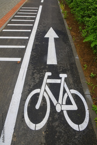 Road section with road markings regulating the movement of cyclists. Bicycle signs on the road. Bicycle road with arrow. Bicycle and modern ecological public movement