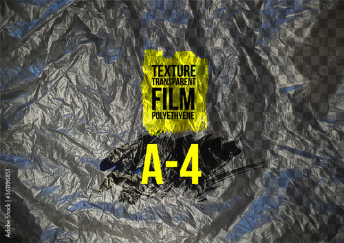 Texture A-4 transparent stretch film polyethylene. Design element graphic crumpled plastic wrap. Horizontal vector illustration. Isolated on transparent background.