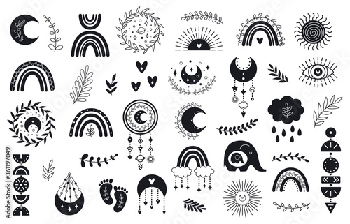 Vector hand drawn boho clipart for nursery decoration with cute rainbows and moon, sun, cloud, dream catcher.